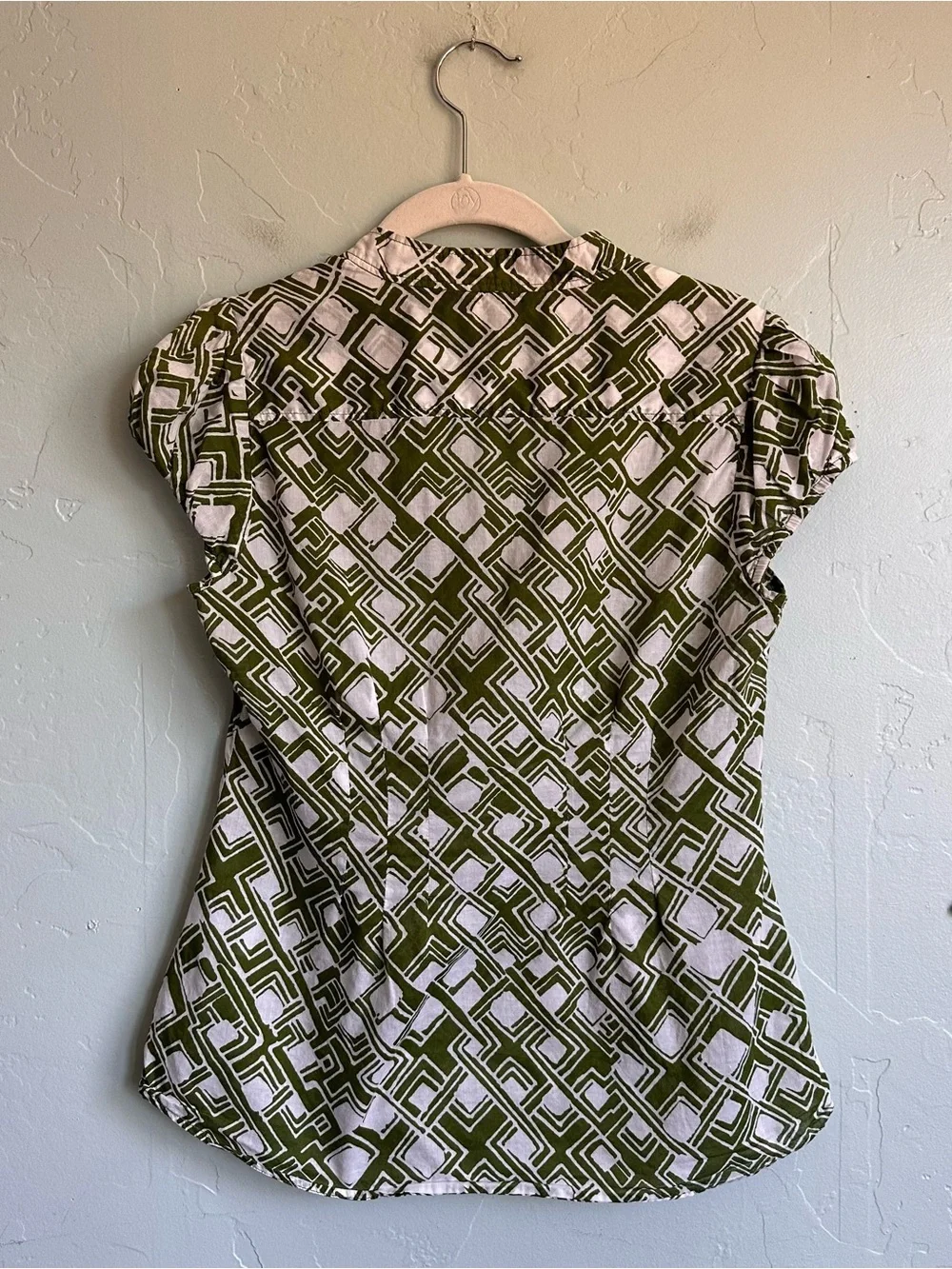 Banana Republic Women’s Green White Cotton Geo Print Cap-Sleeve Blouse Top Small
